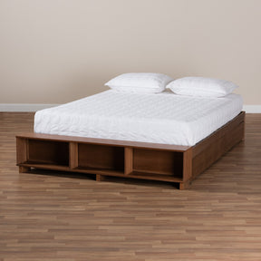 Baxton Studio Arthur Modern Rustic Ash Walnut Brown Finished Wood King Size Platform Bed with Built-In Shelves