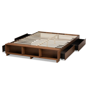 Baxton Studio Arthur Modern Rustic Ash Walnut Brown Finished Wood King Size Platform Bed with Built-In Shelves
