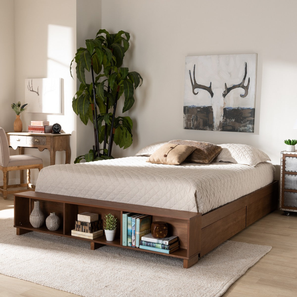 Baxton Studio Arthur Modern Rustic Ash Walnut Brown Finished Wood Queen Size Platform Bed with Built-In Shelves