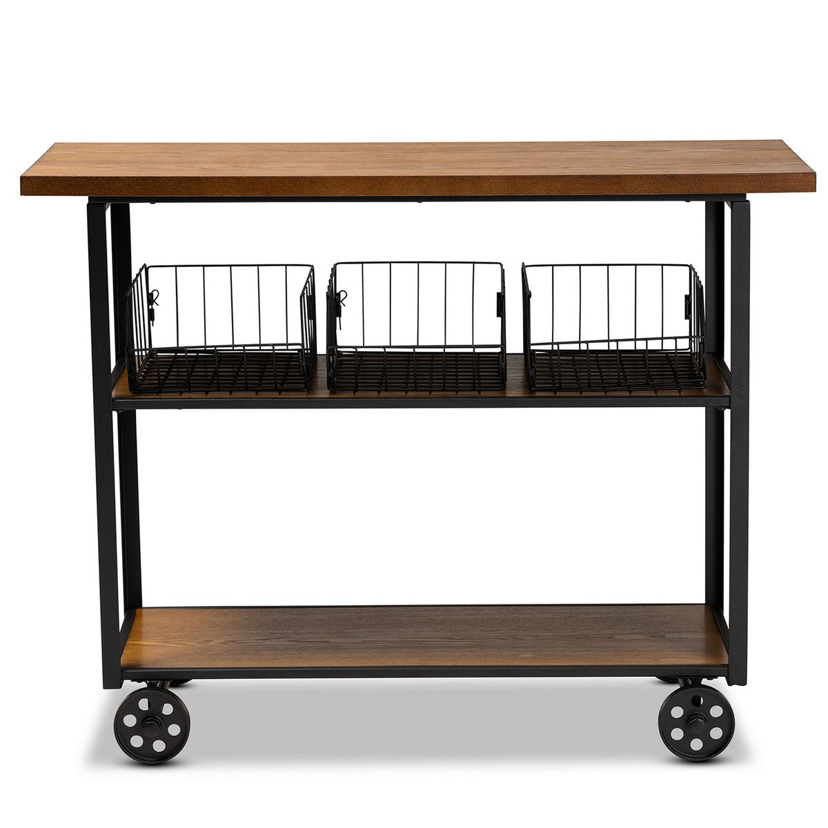 Baxton Studio Felix Rustic and Industrial Farmhouse Walnut Brown Finished Wood and Black Finished Metal Console Cart
