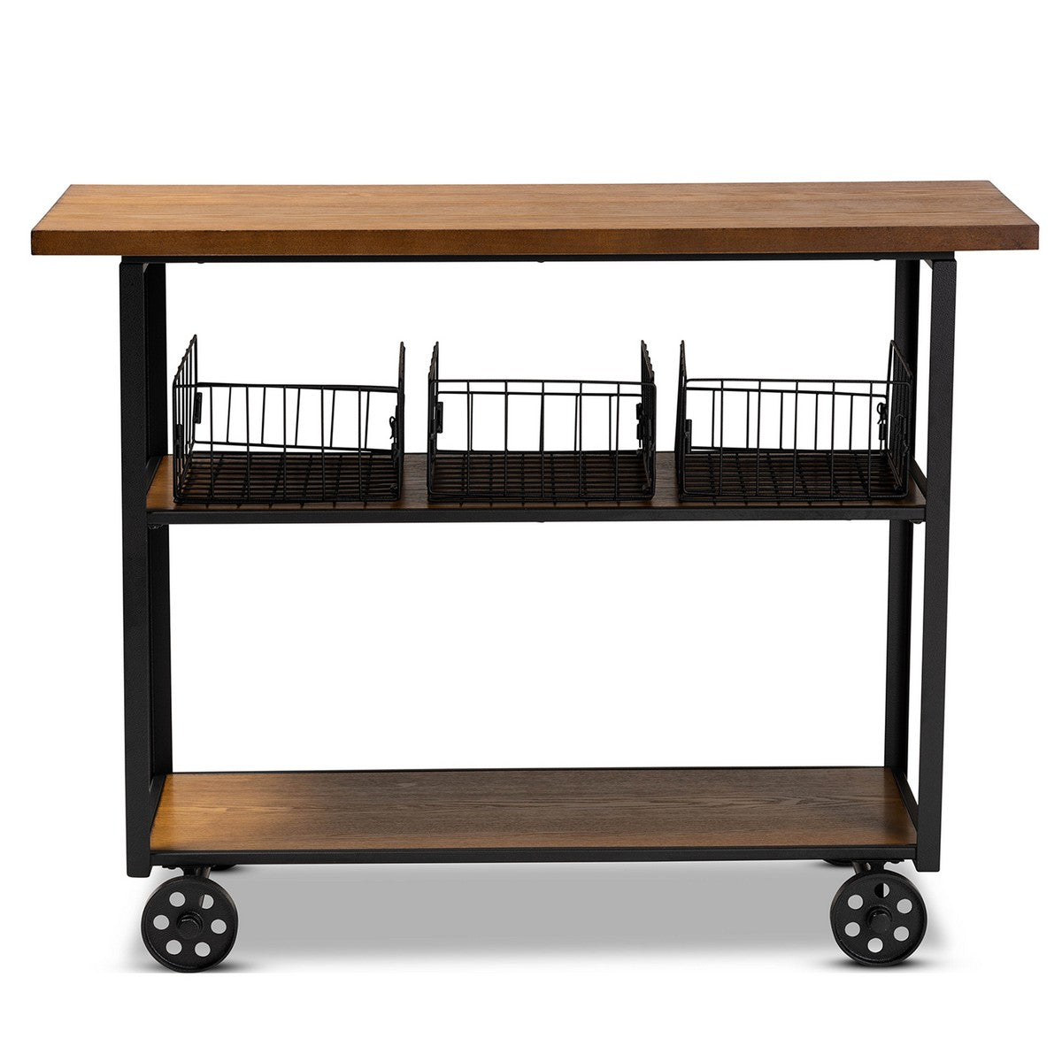 Baxton Studio Felix Rustic and Industrial Farmhouse Walnut Brown Finished Wood and Black Finished Metal Console Cart