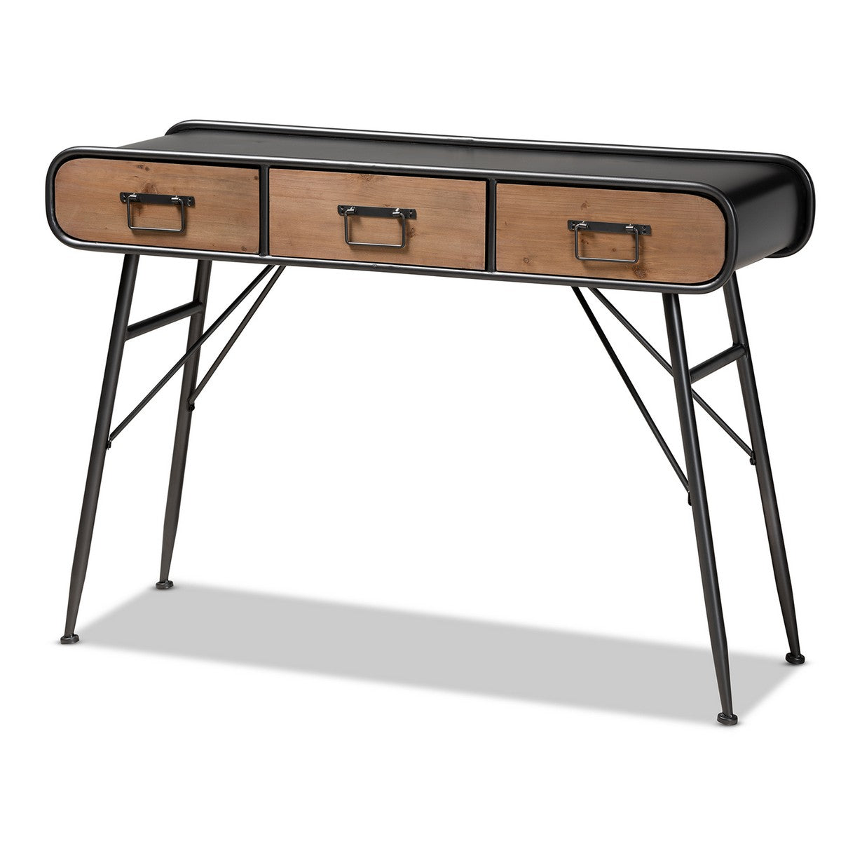 Baxton Studio Santo Modern and Contemporary Industrial Black Metal and Oak Brown Finished Wood 3-Drawer Entryway Console Table Baxton Studio-side tables-Minimal And Modern - 1