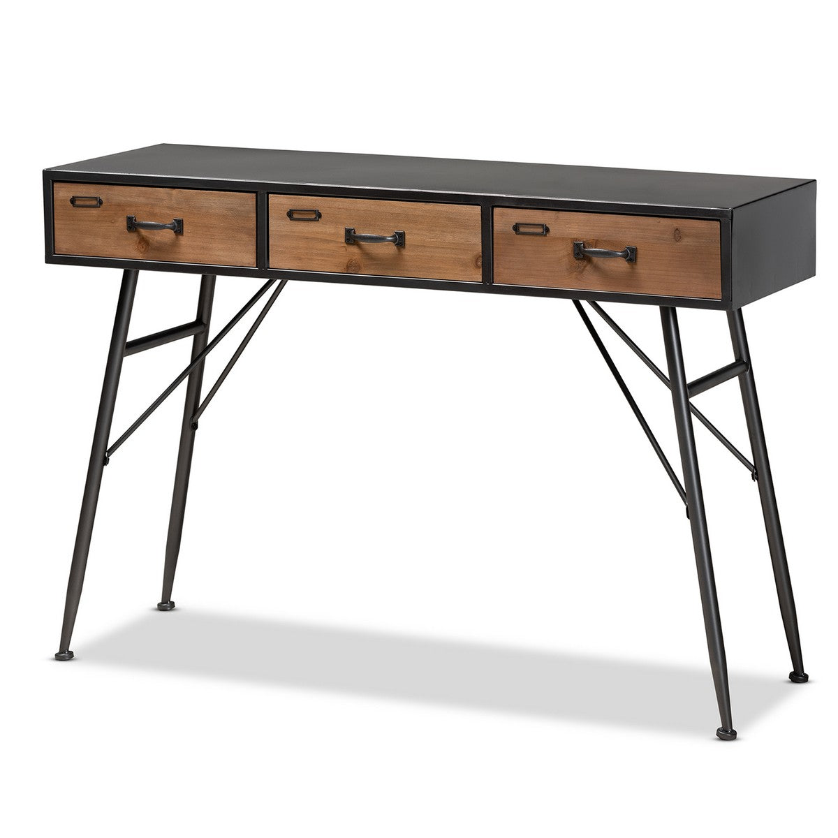  Baxton Studio Ariana Modern and Contemporary Industrial Black and Oak Brown Finished Wood 3-Drawer Metal Console Table Baxton Studio-side tables-Minimal And Modern - 1