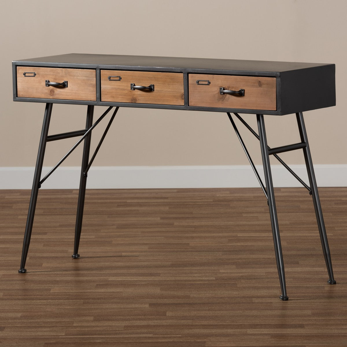 Baxton Studio Ariana Modern and Contemporary Industrial Black and Oak Brown Finished Wood 3-Drawer Metal Console Table