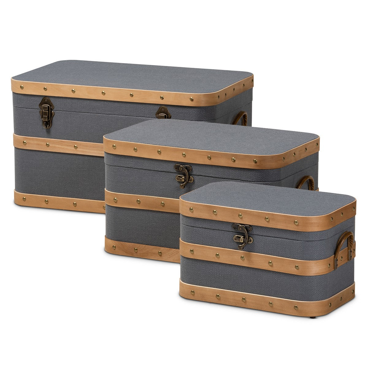Baxton Studio Jonathon Modern and Contemporary Transitional Grey Fabric Upholstered and Oak Brown Finished 3-Piece Storage Trunk Set Baxton Studio-Multipurpose Shelving and Cabinets-Minimal And Modern - 1