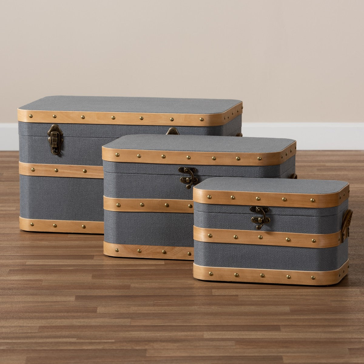 Baxton Studio Jonathon Modern and Contemporary Transitional Grey Fabric Upholstered and Oak Brown Finished 3-Piece Storage Trunk Set