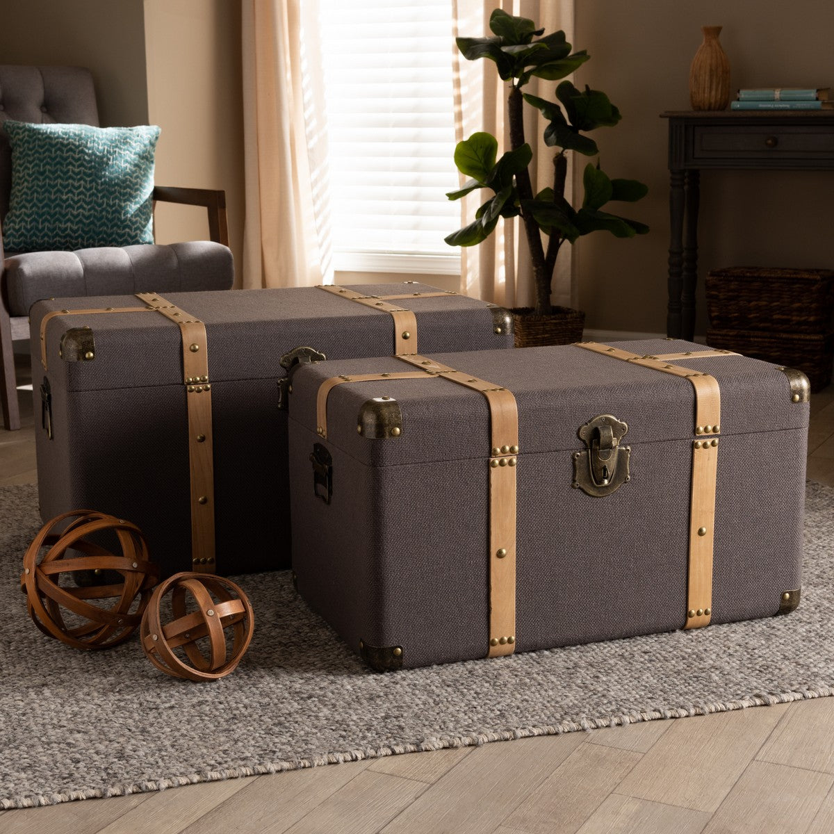 Baxton Studio Stephen Modern and Contemporary Transitional Dark Brown Fabric Upholstered and Oak Brown Finished 2-Piece Storage Trunk Set