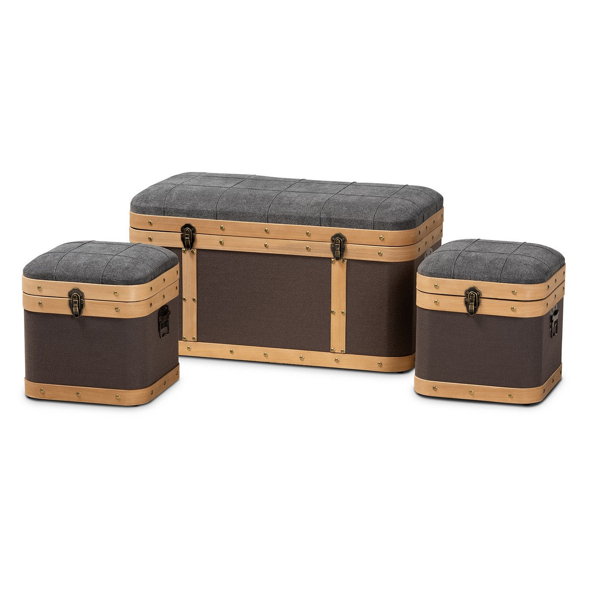 Baxton Studio Clarence Modern and Contemporary Transitional Dark Grey and Dark Brown Fabric Upholstered Oak Brown Finished 3-Piece Storage Ottoman Trunk Set Baxton Studio-Multipurpose Shelving and Cabinets-Minimal And Modern - 1