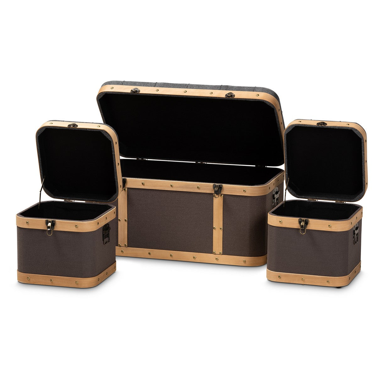 Baxton Studio Clarence Modern and Contemporary Transitional Dark Grey and Dark Brown Fabric Upholstered Oak Brown Finished 3-Piece Storage Ottoman Trunk Set