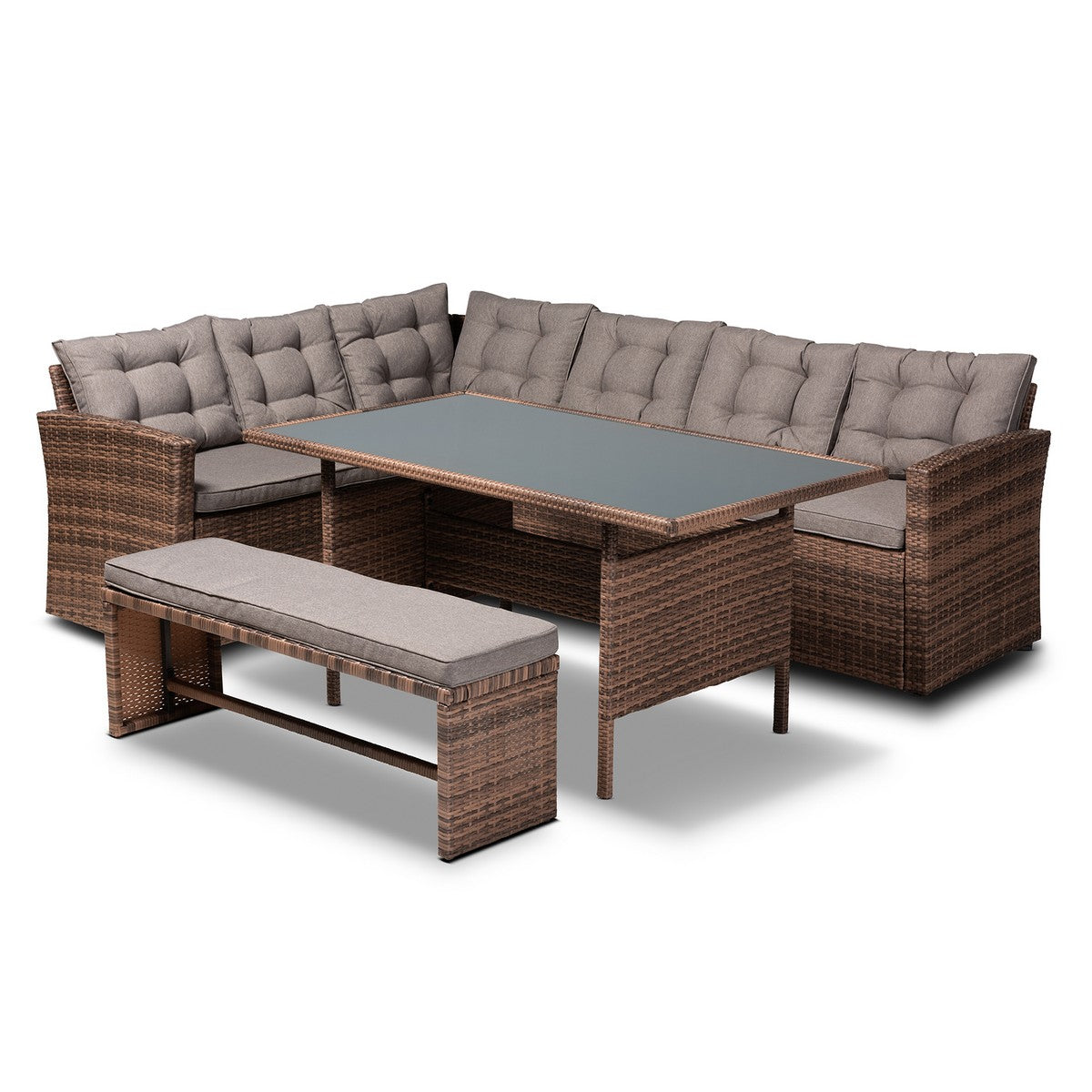 Baxton Studio Angela Modern and Contemporary Grey Fabric Upholstered and Brown Finished 4-Piece Woven Rattan Outdoor Patio Set Baxton Studio-Patio Sets-Minimal And Modern - 1