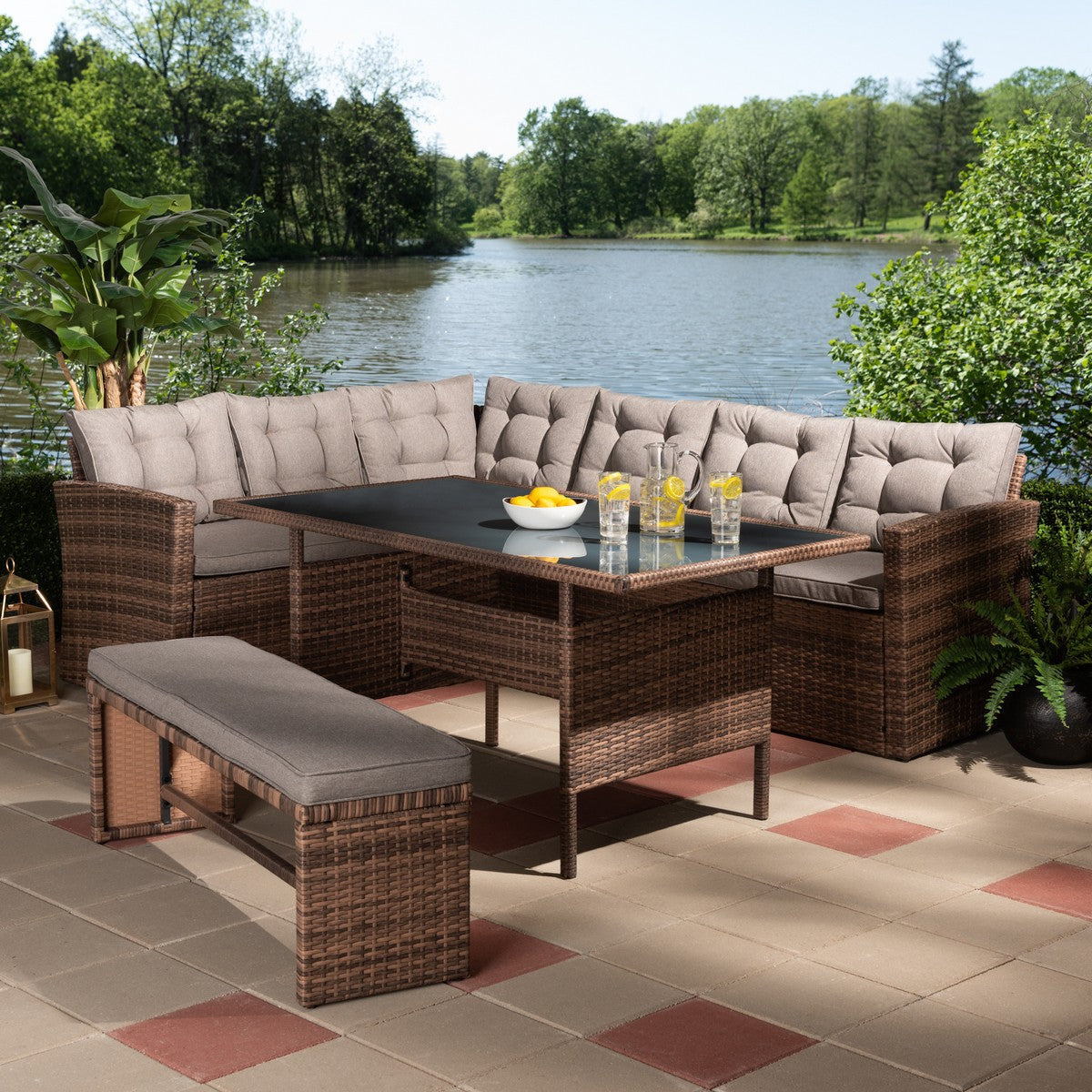 Baxton Studio Angela Modern and Contemporary Grey Fabric Upholstered and Brown Finished 4-Piece Woven Rattan Outdoor Patio Set