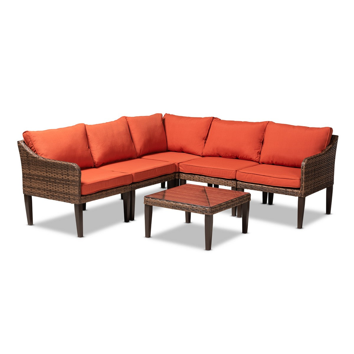 Baxton Studio Breida Modern and Contemporary Orange Fabric Upholstered and Brown Finished 6-Piece Woven Rattan Outdoor Patio Set Baxton Studio-Patio Sets-Minimal And Modern - 1