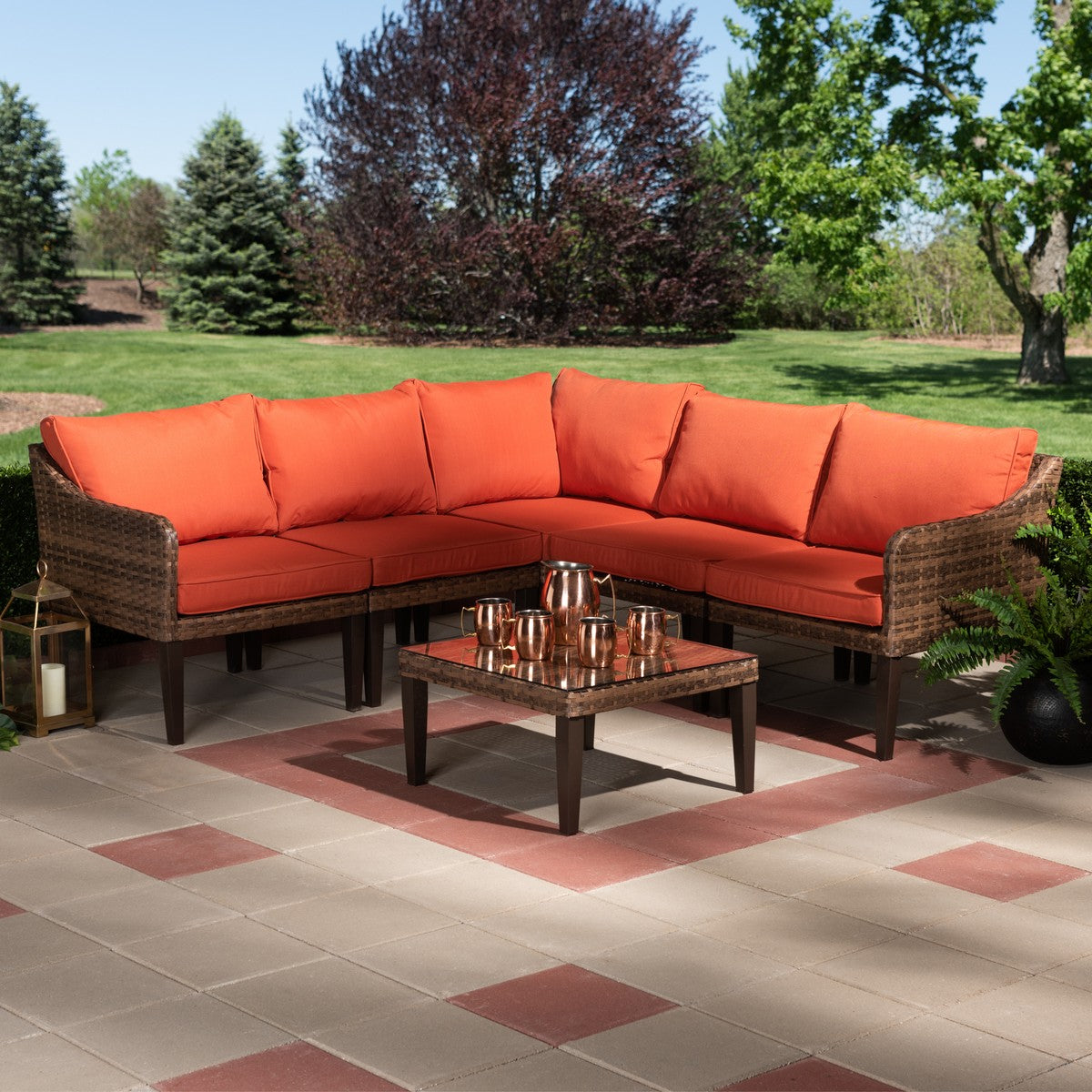 Baxton Studio Breida Modern and Contemporary Orange Fabric Upholstered and Brown Finished 6-Piece Woven Rattan Outdoor Patio Set