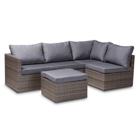 Baxton Studio Pamela Modern and Contemporary Grey Polyester Upholstered and Brown Finished 4-Piece Woven Rattan Outdoor Patio Set Baxton Studio-Patio Sets-Minimal And Modern - 1