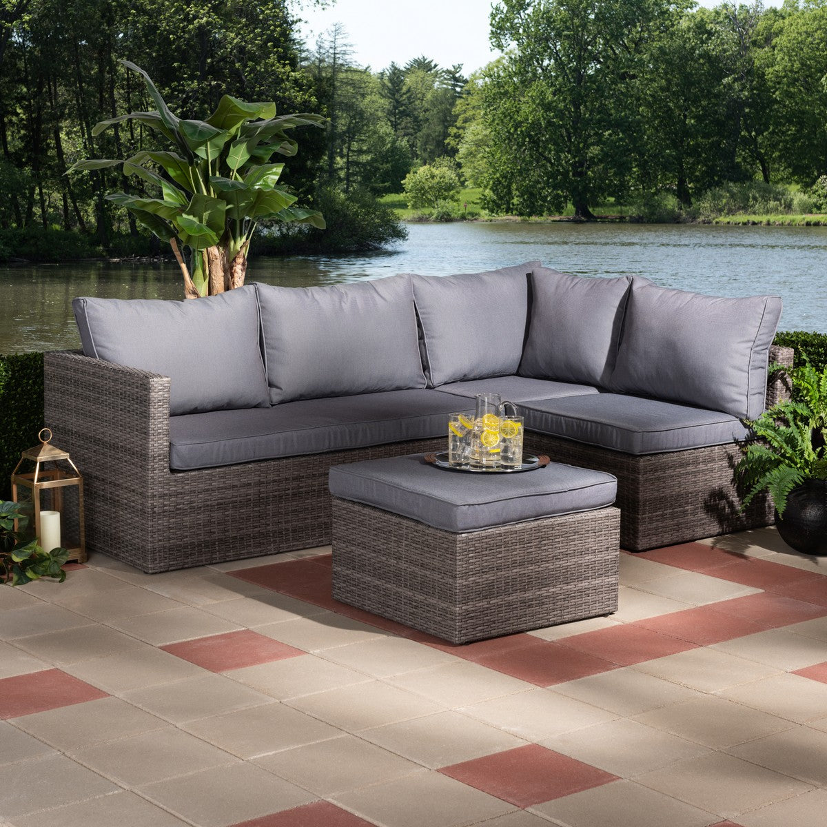 Baxton Studio Pamela Modern and Contemporary Grey Polyester Upholstered and Brown Finished 4-Piece Woven Rattan Outdoor Patio Set