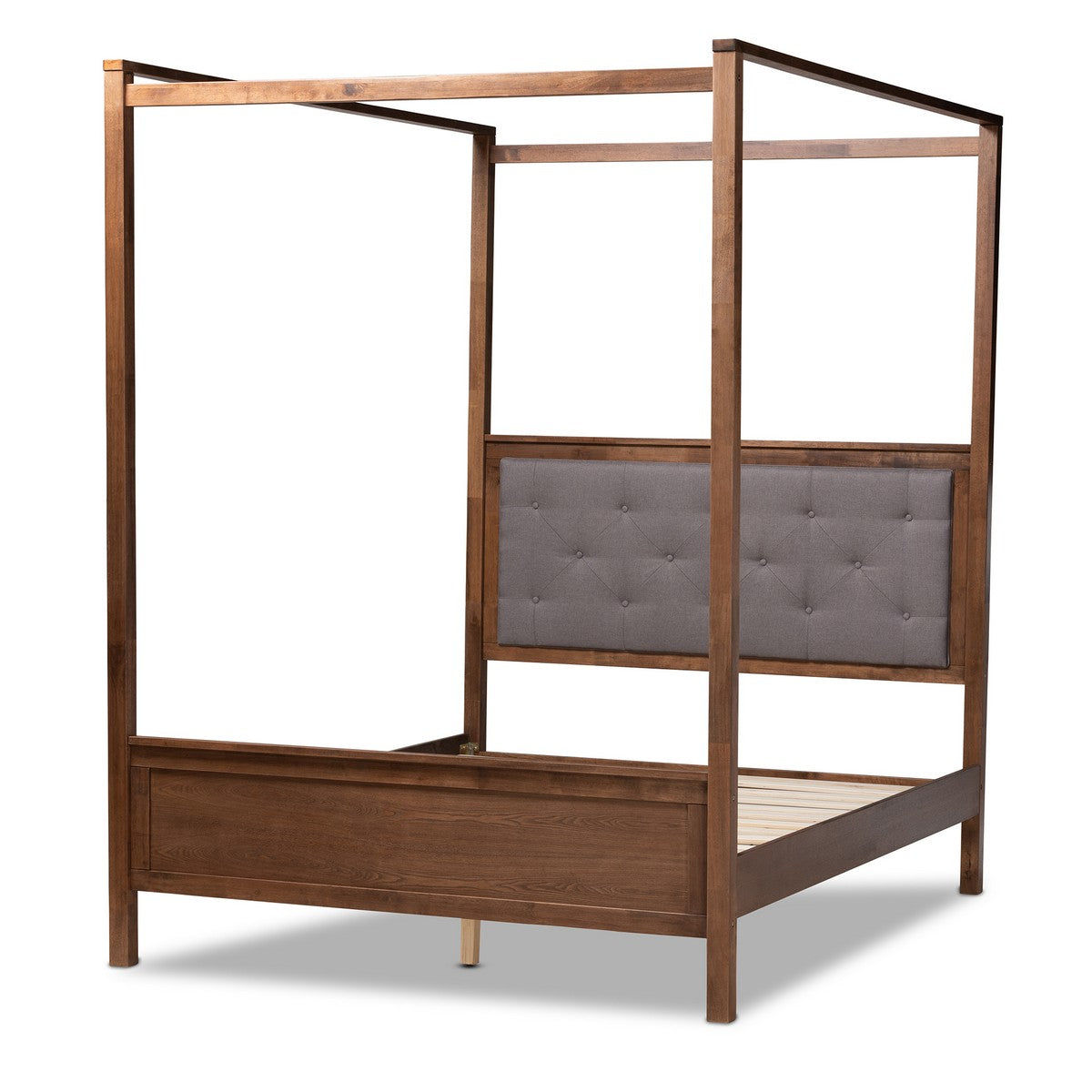 Baxton Studio Natasha Modern and Contemporary Grey Fabric Upholstered and Walnut Brown Finished Wood King Size Platform Canopy Bed Baxton Studio-beds-Minimal And Modern - 1