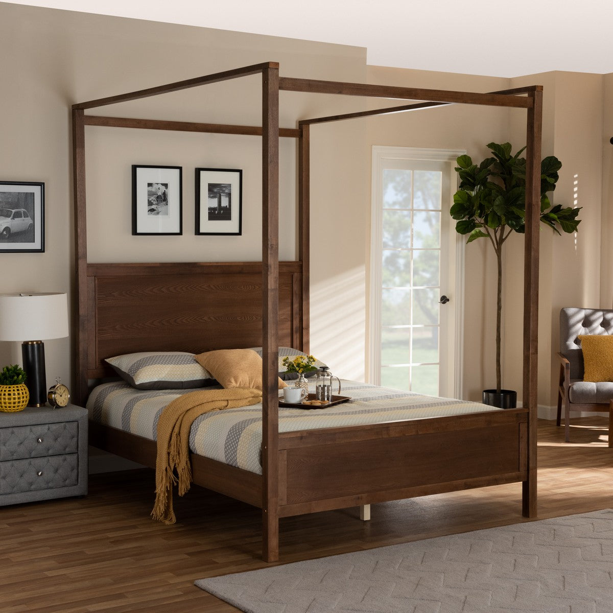 Baxton Studio Veronica Modern and Contemporary Walnut Brown Finished Wood Queen Size Platform Canopy Bed