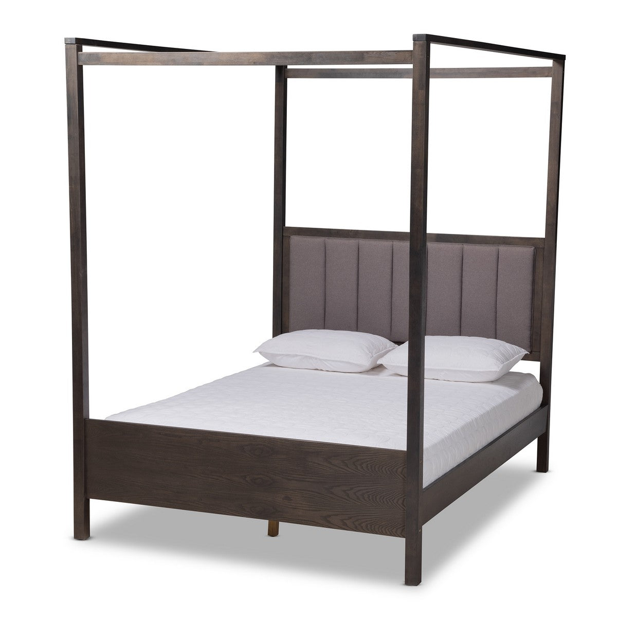 Baxton Studio Natasha Modern and Contemporary Grey Fabric Upholstered and Dark Grey Oak Finished Wood Queen Size Platform Canopy Bed Baxton Studio-beds-Minimal And Modern - 1