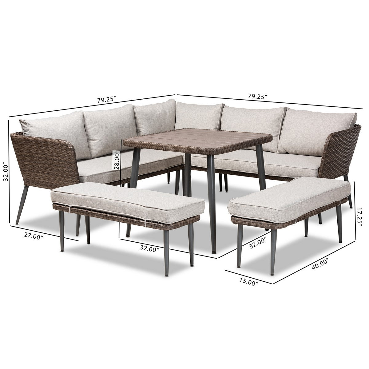 Baxton Studio Lillian Modern and Contemporary Light Grey Upholstered and Brown Finished 5-Piece Woven Rattan Outdoor Patio Set
