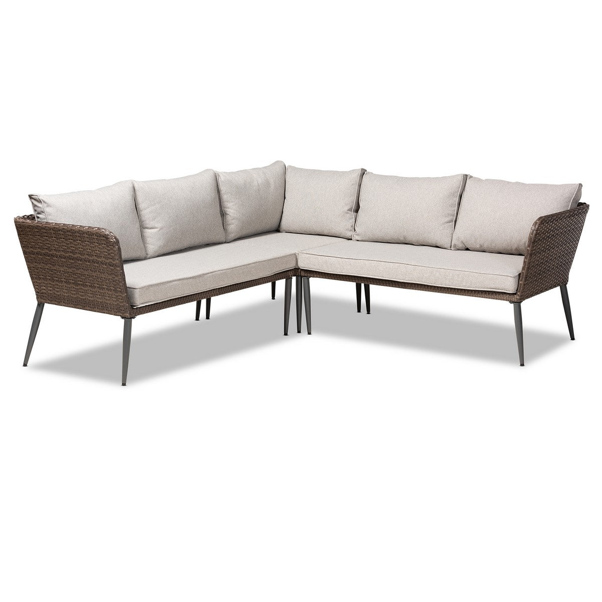 Baxton Studio Lillian Modern and Contemporary Light Grey Upholstered and Brown Finished 5-Piece Woven Rattan Outdoor Patio Set