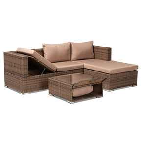 Baxton Studio Addison Modern and Contemporary Light Brown Upholstered and Brown Finished 3-Piece Woven Rattan Outdoor Patio Set with Adjustable Recliner