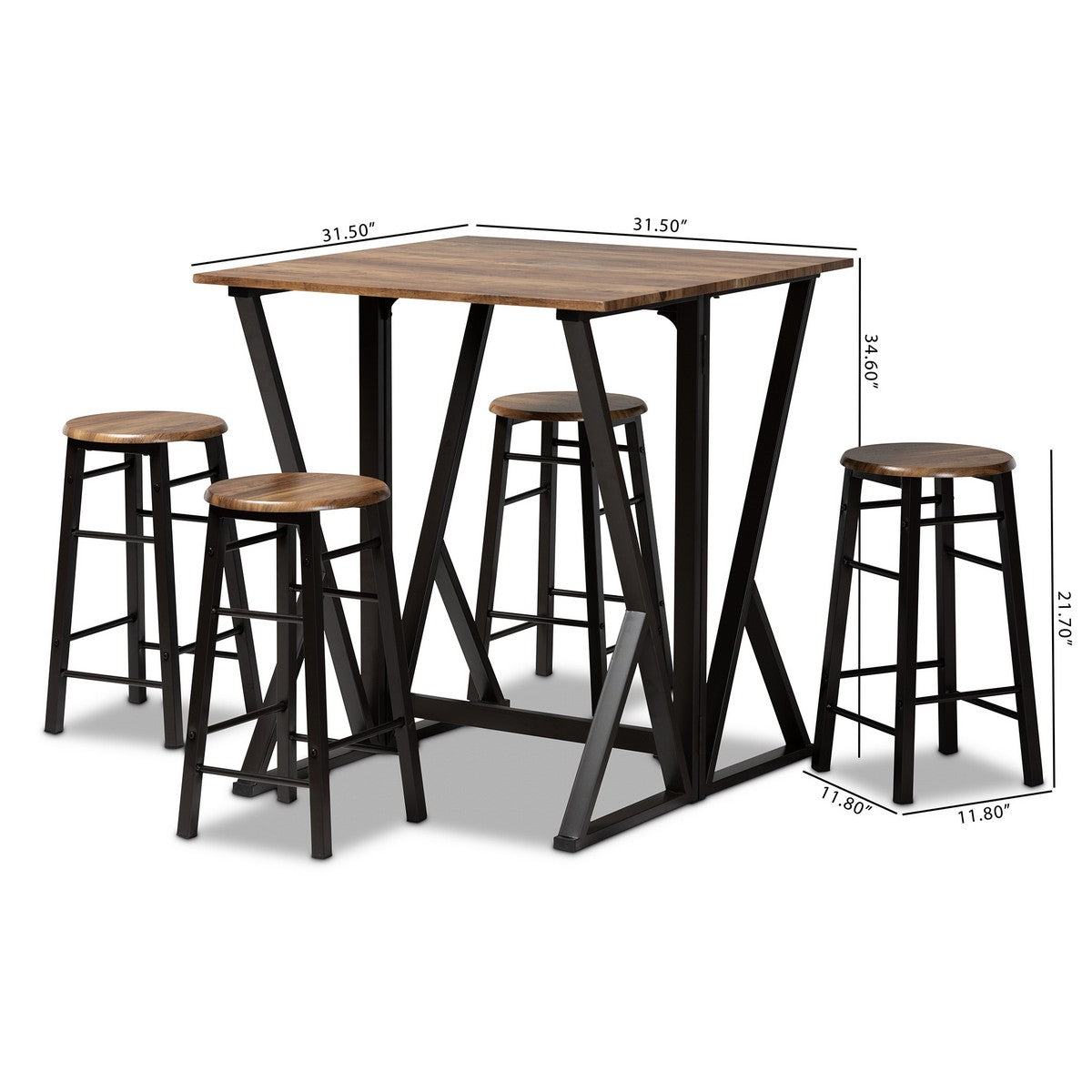 Baxton Studio Richard Industrial and Rustic Walnut Finished Wood and Black Metal 5-Piece Pub Set with Extendable Tabletop