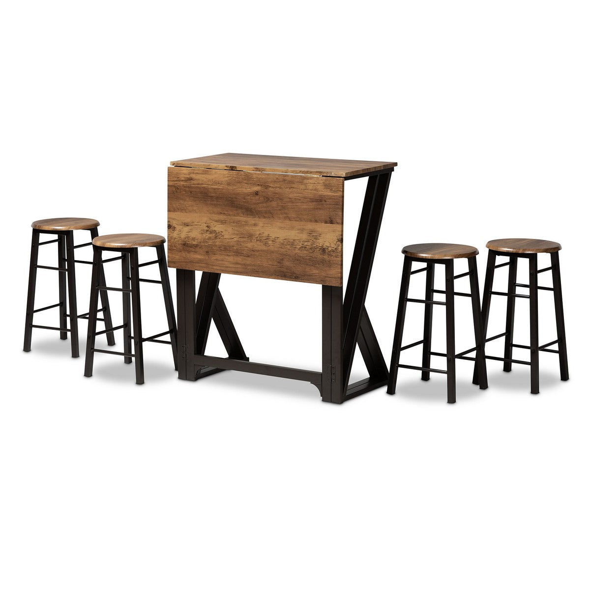 Baxton Studio Richard Industrial and Rustic Walnut Finished Wood and Black Metal 5-Piece Pub Set with Extendable Tabletop Baxton Studio-Pub Sets-Minimal And Modern - 1