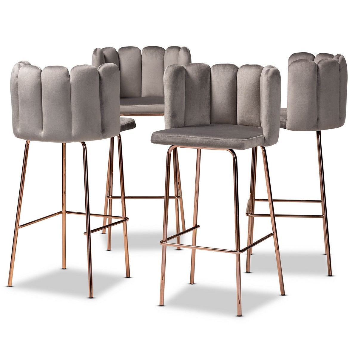 Baxton Studio Kaelin Luxe and Glam Grey Velvet Fabric Upholstered and Rose Gold Finished 4-Piece Bar Stool Set Baxton Studio-Bar Stools-Minimal And Modern - 1