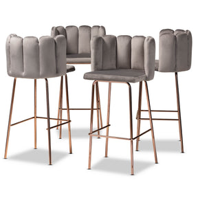 Baxton Studio Kaelin Luxe and Glam Grey Velvet Fabric Upholstered and Rose Gold Finished 4-Piece Bar Stool Set Baxton Studio-Bar Stools-Minimal And Modern - 1