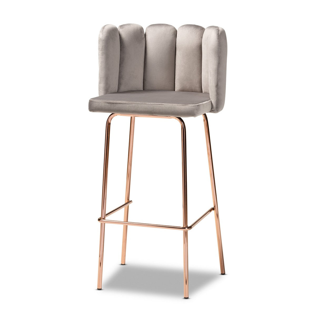 Baxton Studio Kaelin Luxe and Glam Grey Velvet Fabric Upholstered and Rose Gold Finished 4-Piece Bar Stool Set