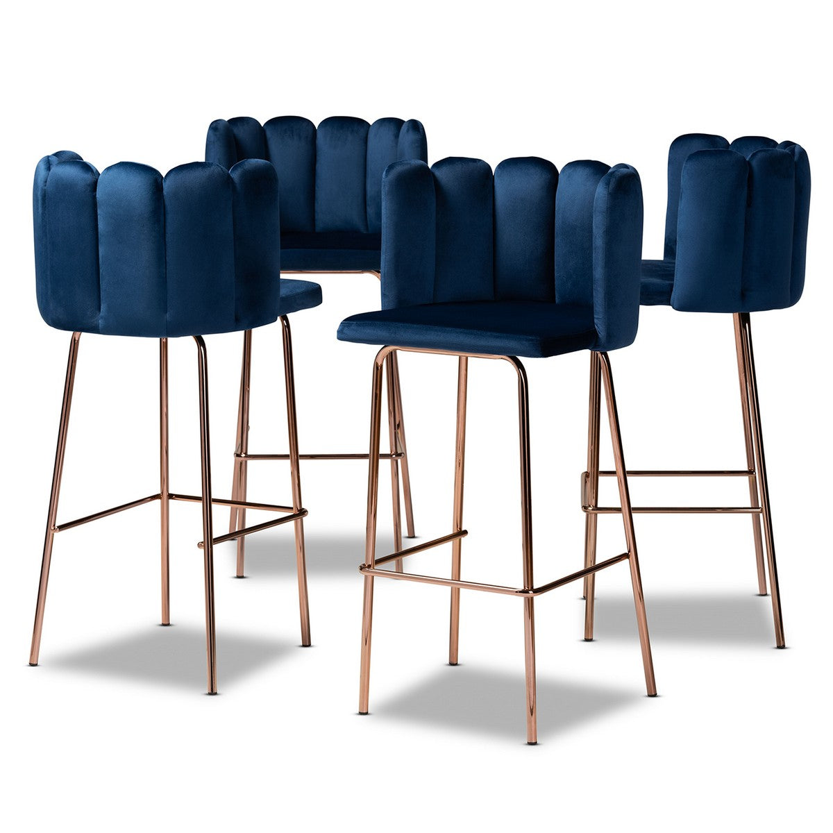 Baxton Studio Kaelin Luxe and Glam Navy Blue Velvet Fabric Upholstered and Rose Gold Finished 4-Piece Bar Stool Set Baxton Studio-Bar Stools-Minimal And Modern - 1