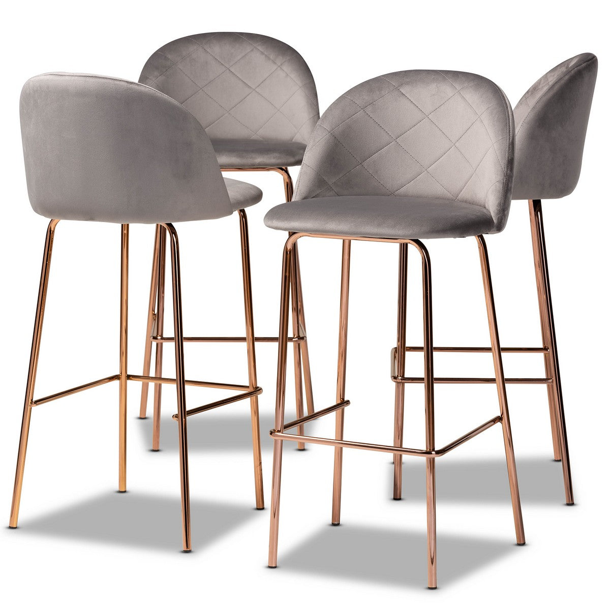 Baxton Studio Addie Luxe and Glam Grey Velvet Fabric Upholstered and Rose Gold Finished 4-Piece Bar Stool Set Baxton Studio-Bar Stools-Minimal And Modern - 1