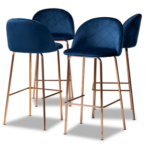 Baxton Studio Addie Luxe and Glam Navy Blue Velvet Fabric Upholstered and Rose Gold Finished 4-Piece Bar Stool Set Baxton Studio-Bar Stools-Minimal And Modern - 1