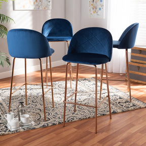 Baxton Studio Addie Luxe and Glam Navy Blue Velvet Fabric Upholstered and Rose Gold Finished 4-Piece Bar Stool Set