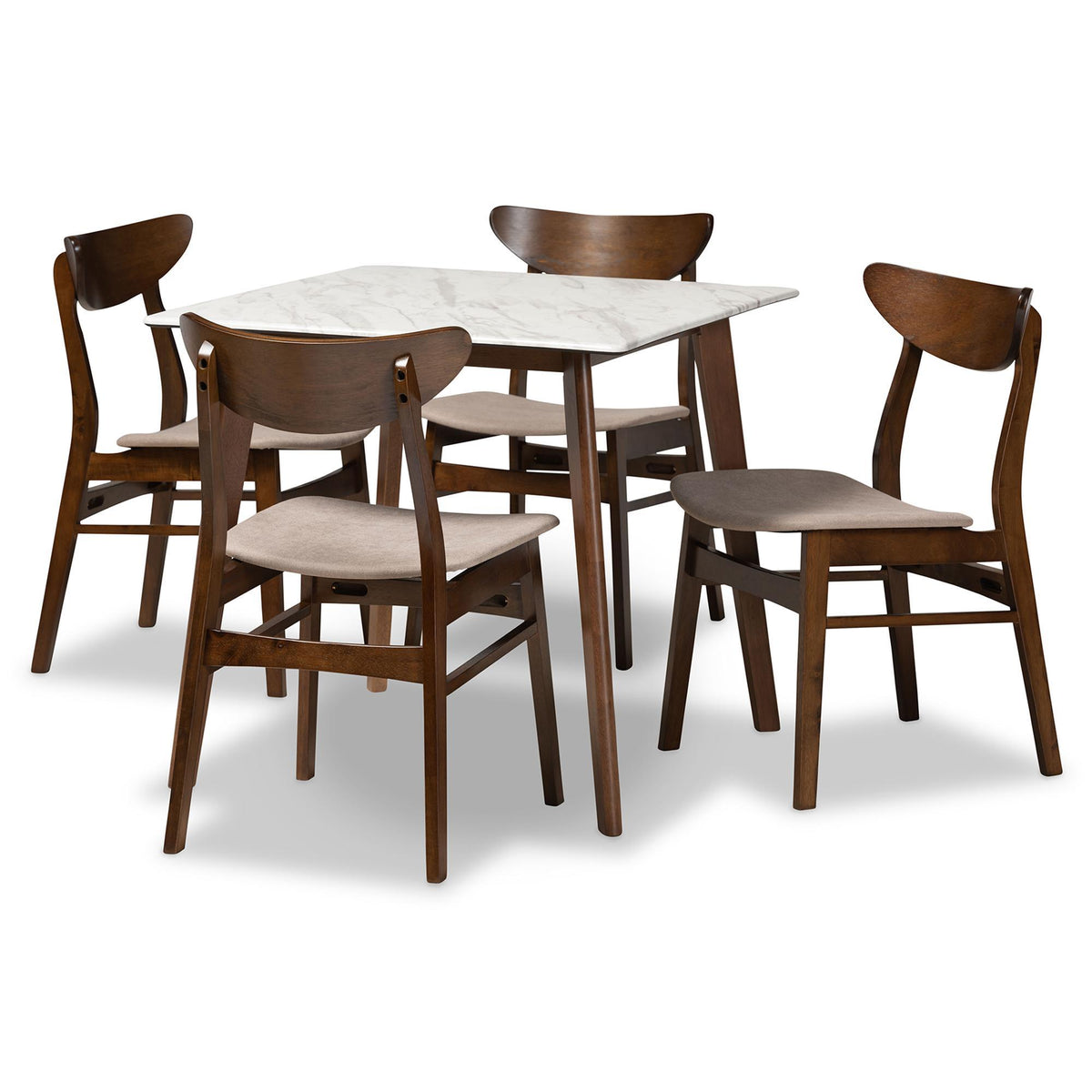 Baxton Studio Paras Mid-Century Modern Transitional Light Beige Fabric Upholstered And Walnut Brown Finished Wood 5-Piece Dining Set With Faux Marble Dining Table - Paras-Latte/Walnut-5PC Dining Set