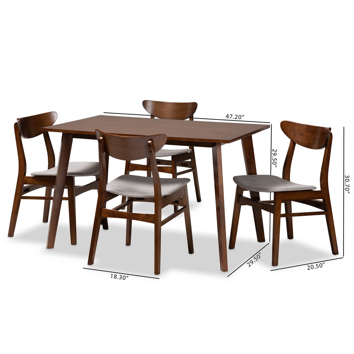 Baxton Studio Orion Mid-Century Modern Transitional Light Grey Fabric Upholstered and Walnut Brown Finished Wood 5-Piece Dining Set