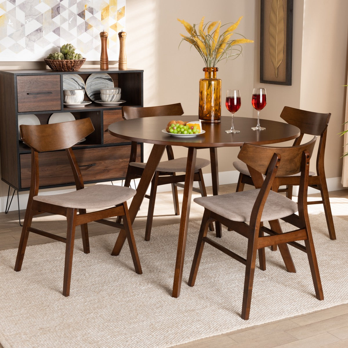 Baxton Studio Timothy Mid-Century Modern Transitional Light Beige Fabric Upholstered and Walnut Brown Finished Wood 5-Piece Dining Set
