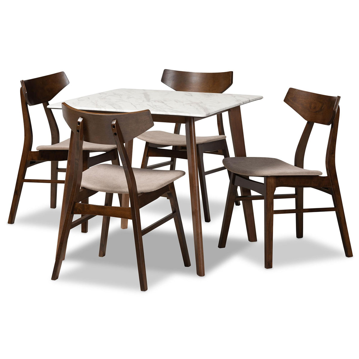 Baxton Studio Pearson Mid-Century Modern Transitional Light Beige Fabric Upholstered And Walnut Brown Finished Wood 5-Piece Dining Set With Faux Marble Table - Pearson-Latte/Walnut-5PC Dining Set