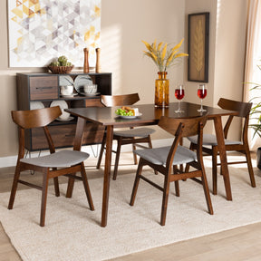 Baxton Studio Lois Mid-Century Modern Transitional Light Grey Fabric Upholstered and Walnut Brown Finished Wood 5-Piece Dining Set