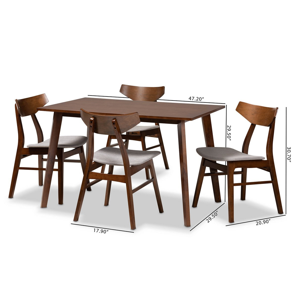 Baxton Studio Lois Mid-Century Modern Transitional Light Grey Fabric Upholstered and Walnut Brown Finished Wood 5-Piece Dining Set