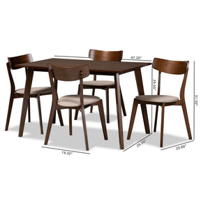 Baxton Studio Nori Mid-Century Modern Transitional Light Beige Fabric Upholstered and Walnut Brown Finished Wood 5-Piece Dining Set