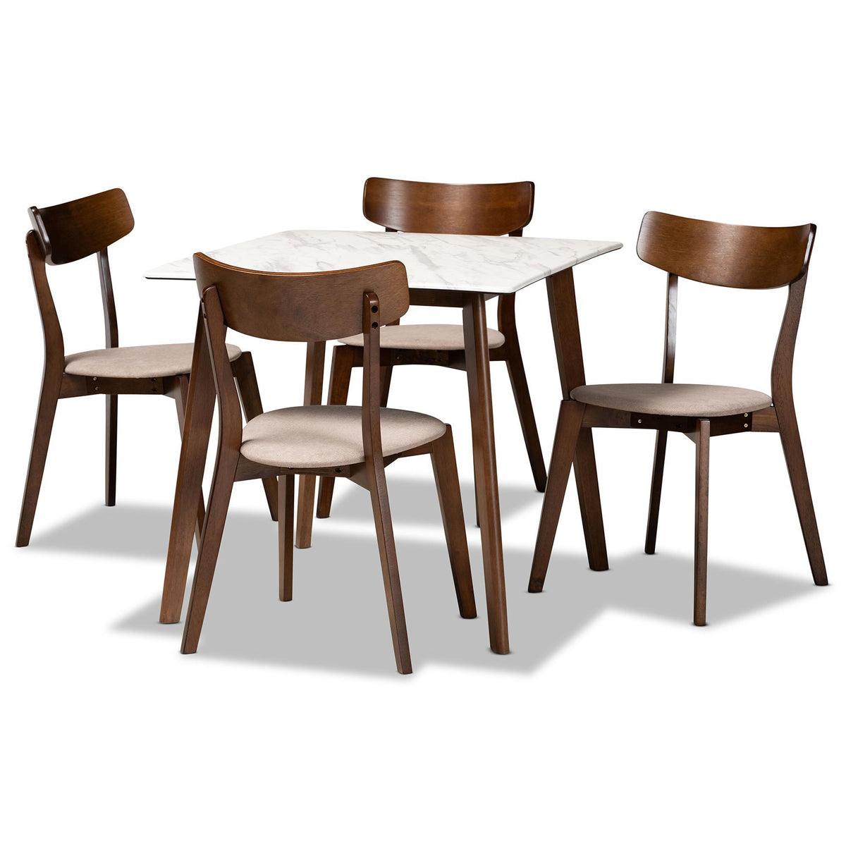 Baxton Studio Reba Mid-Century Modern Light Beige Fabric Upholstered And Walnut Brown Finished Wood 5-Piece Dining Set With Faux Marble Dining Table - Reba-Latte/Walnut-5PC Dining Set