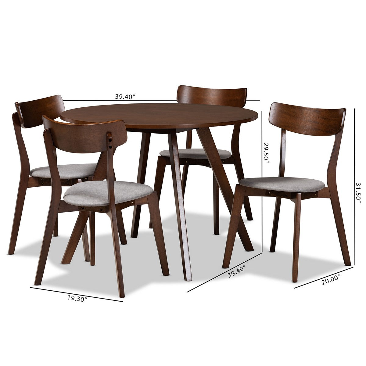 Baxton Studio Rika Mid-Century Modern Transitional Light Grey Fabric Upholstered and Walnut Brown Finished Wood 5-Piece Dining Set