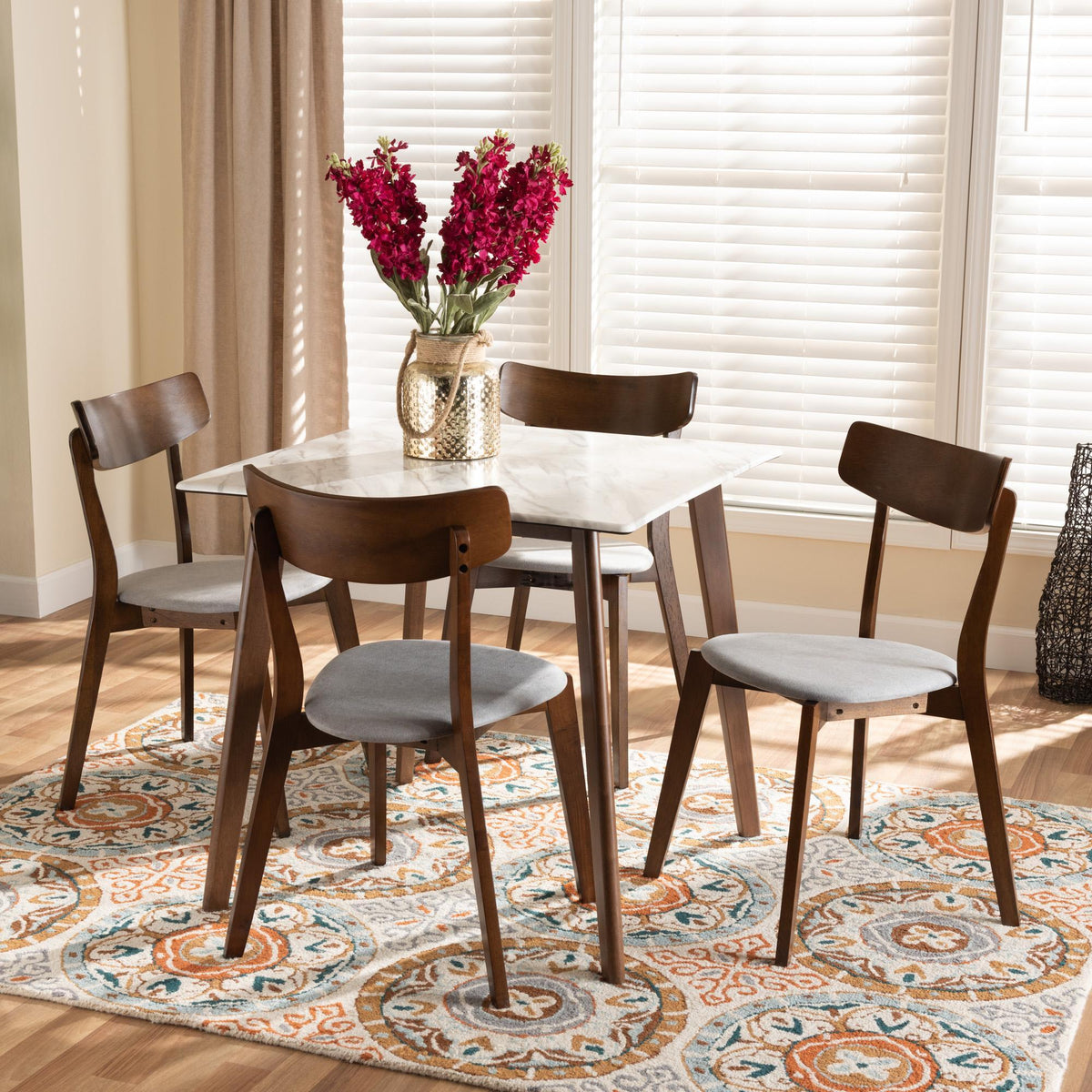 Baxton Studio Reba Mid-Century Modern Light Grey Fabric Upholstered And Walnut Brown Finished Wood 5-Piece Dining Set With Faux Marble Dining Table - Reba-Smoke/Walnut-5PC Dining Set