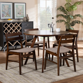 Baxton Studio Eiko Mid-Century Modern Transitional Light Beige Fabric Upholstered and Walnut Brown Finished Wood 5-Piece Dining Set