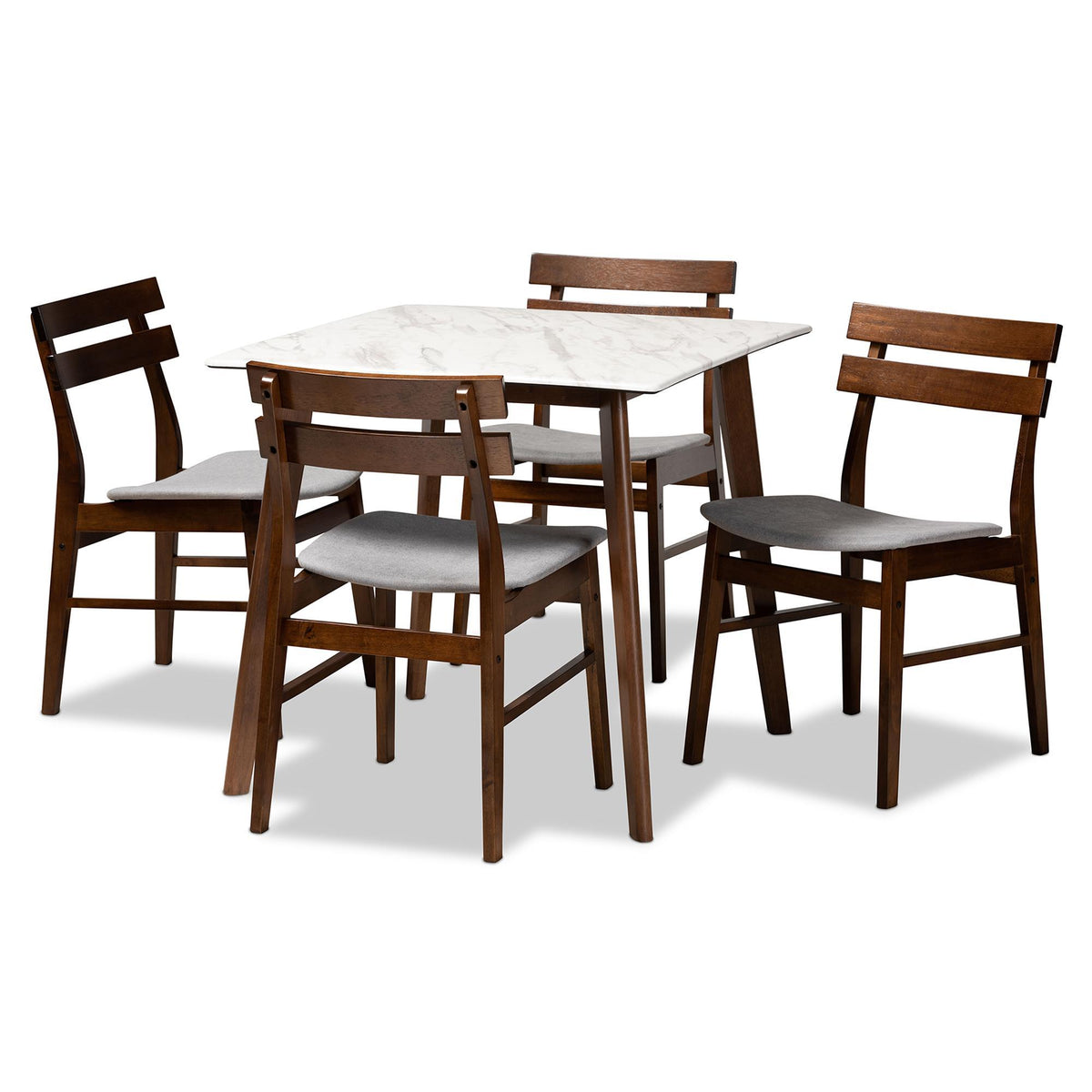 Baxton Studio Richmond Mid-Century Modern Light Grey Fabric Upholstered And Walnut Brown Finished Wood 5-Piece Dining Set With Faux Marble Dining Table - Richmond-Smoke/Walnut-5PC Dining Set