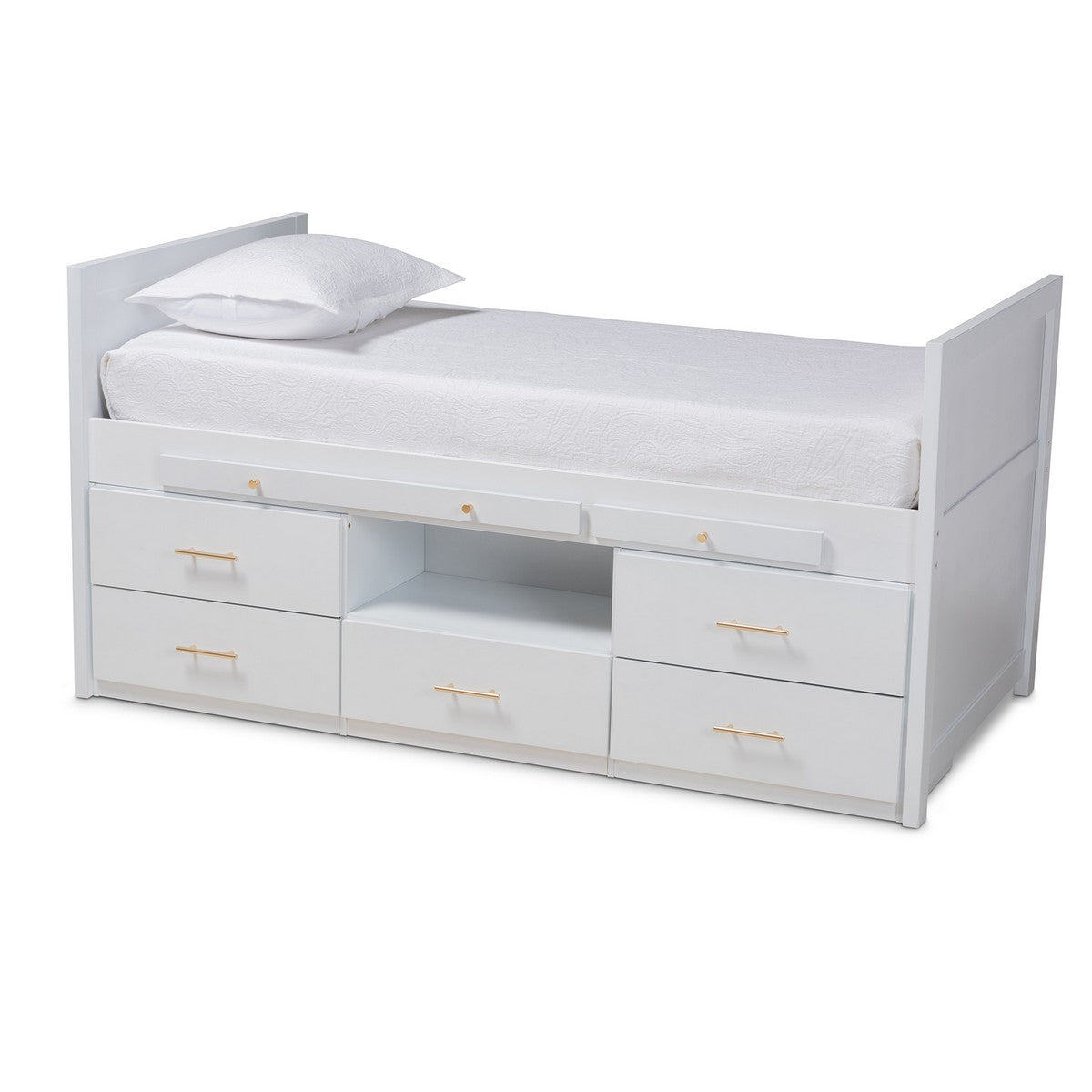 Baxton Studio Mirza Modern and Contemporary White Finished Wood 5-Drawer Twin Size Storage Bed with Pull-Out Desk Baxton Studio-beds-Minimal And Modern - 1