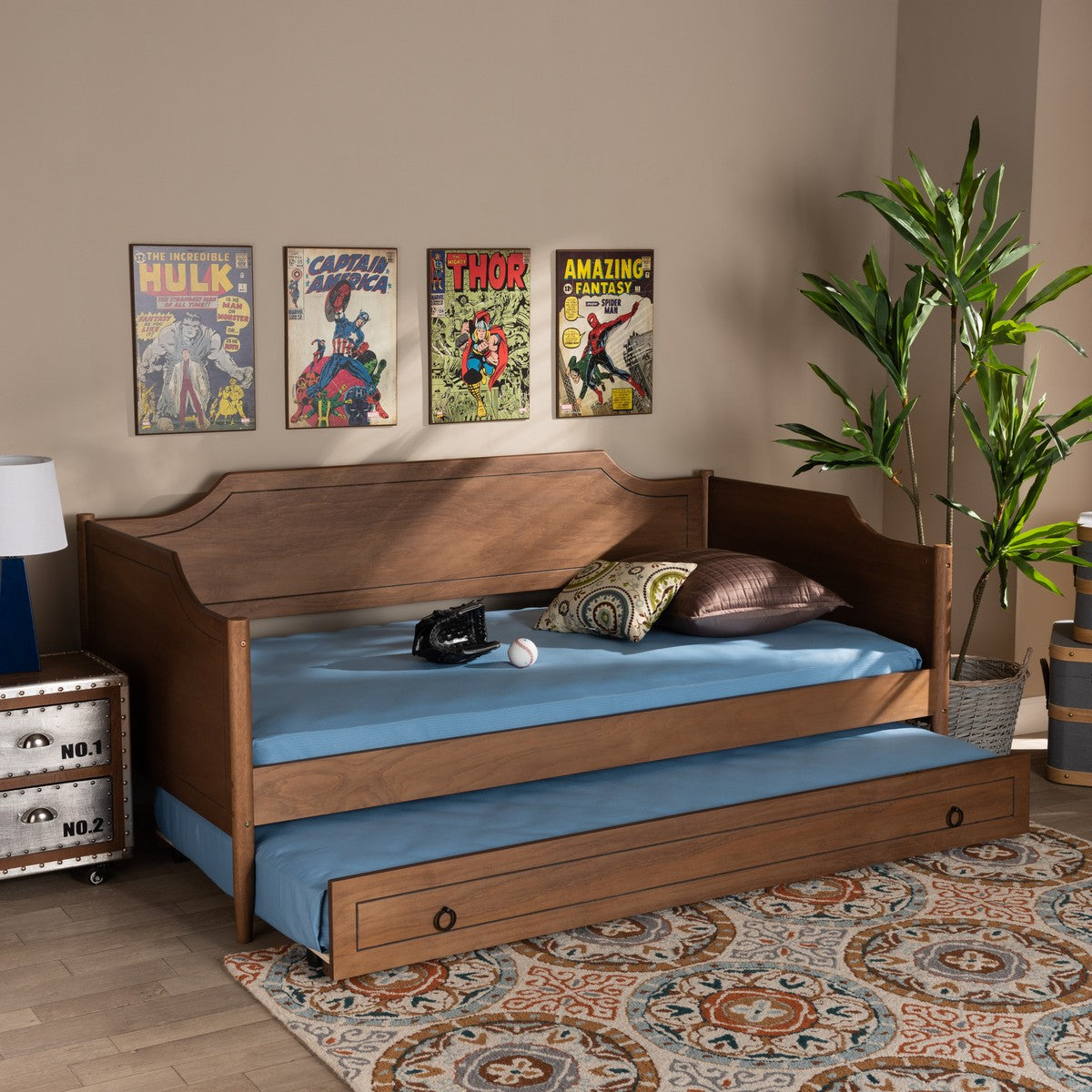 Baxton Studio Alya Classic Traditional Farmhouse Walnut Brown Finished Wood Twin Size Daybed with Roll-Out Trundle Bed