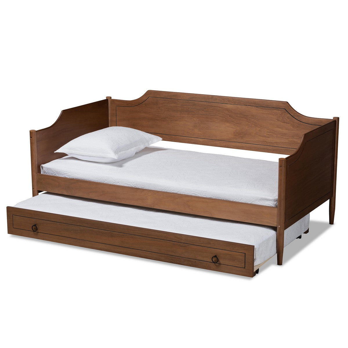 Baxton Studio Alya Classic Traditional Farmhouse Walnut Brown Finished Wood Twin Size Daybed with Roll-Out Trundle Bed