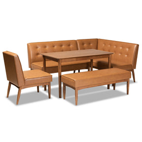 Baxton Studio Arvid Mid-Century Modern Tan Faux Leather Upholstered and Walnut Brown Finished Wood 5-Piece Dining Nook Set Baxton Studio-Breakfast Sets-Minimal And Modern - 1
